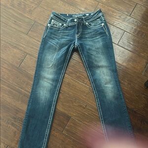 Miss Me Blue Boot Cut Jeans with Distressed Details and Contrast Stitching